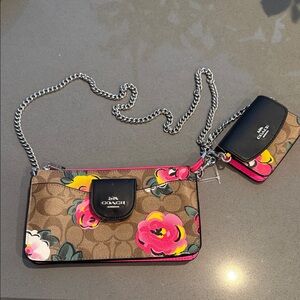 Coach Brown Floral Wallet and Card Holder with Chain